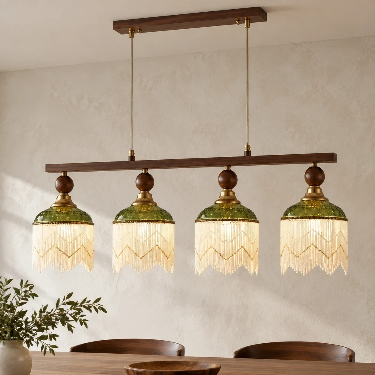 Wushlp Vintage Four-Light Green Glass Linear Pendant Light installed in a bright interior