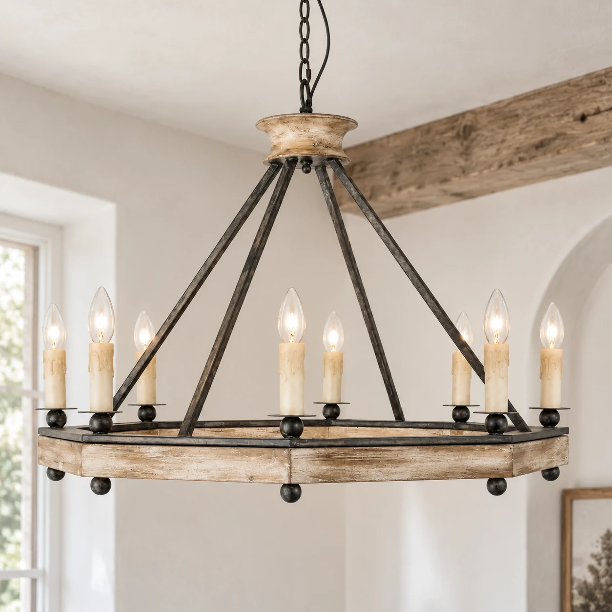 Adeline rustic eight-candle wood and iron chandelier in a home