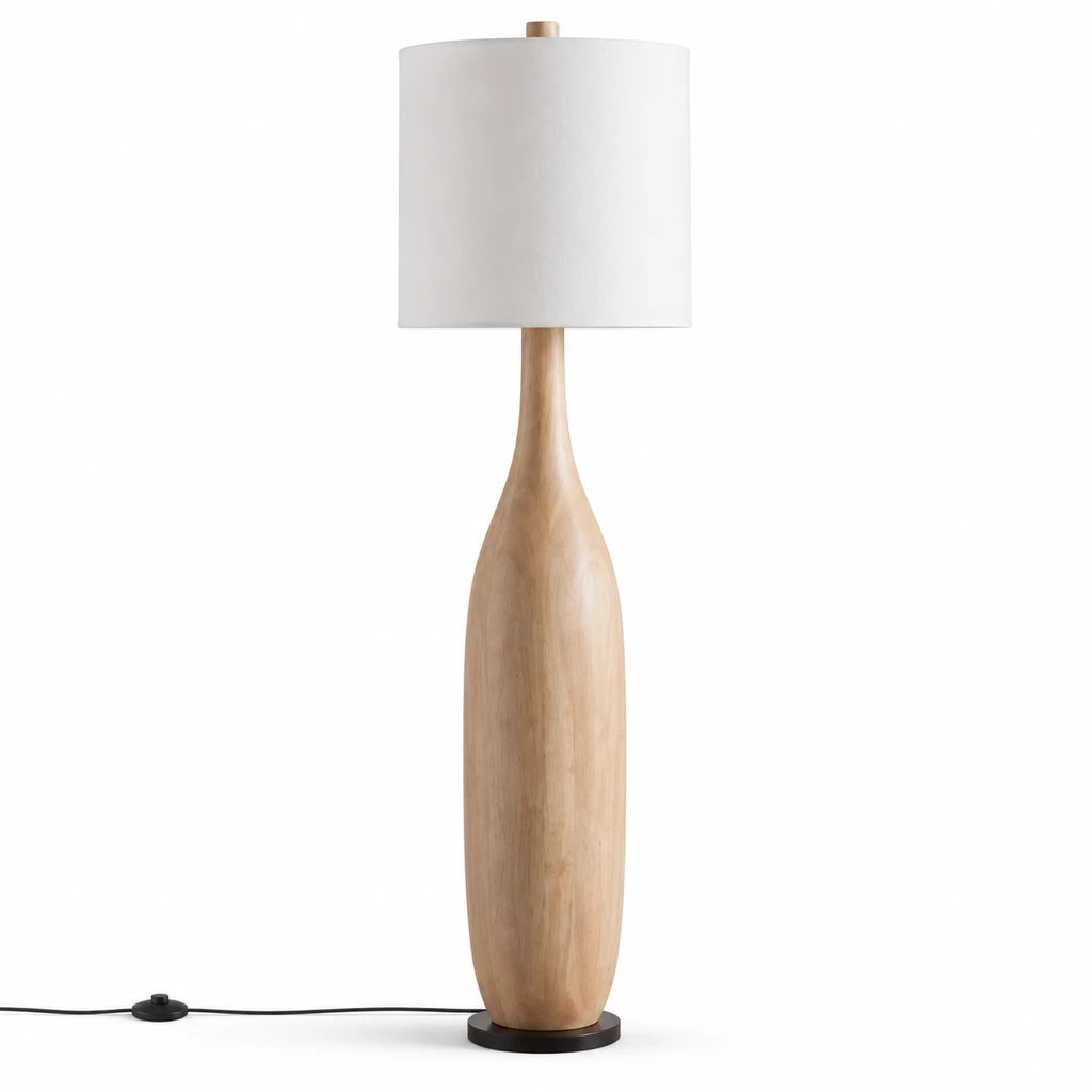 Amelia American Rustic Turned Wood and Fabric Floor Lamp, Natural Wood - 45 cm wide x 160 cm high, complete product isolated on white
