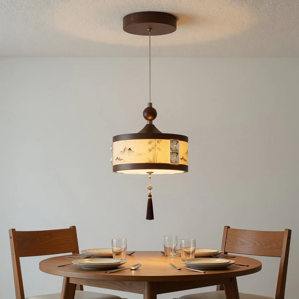 Cream-yellow mini pendant centered above a dining table, canopy flush to the ceiling