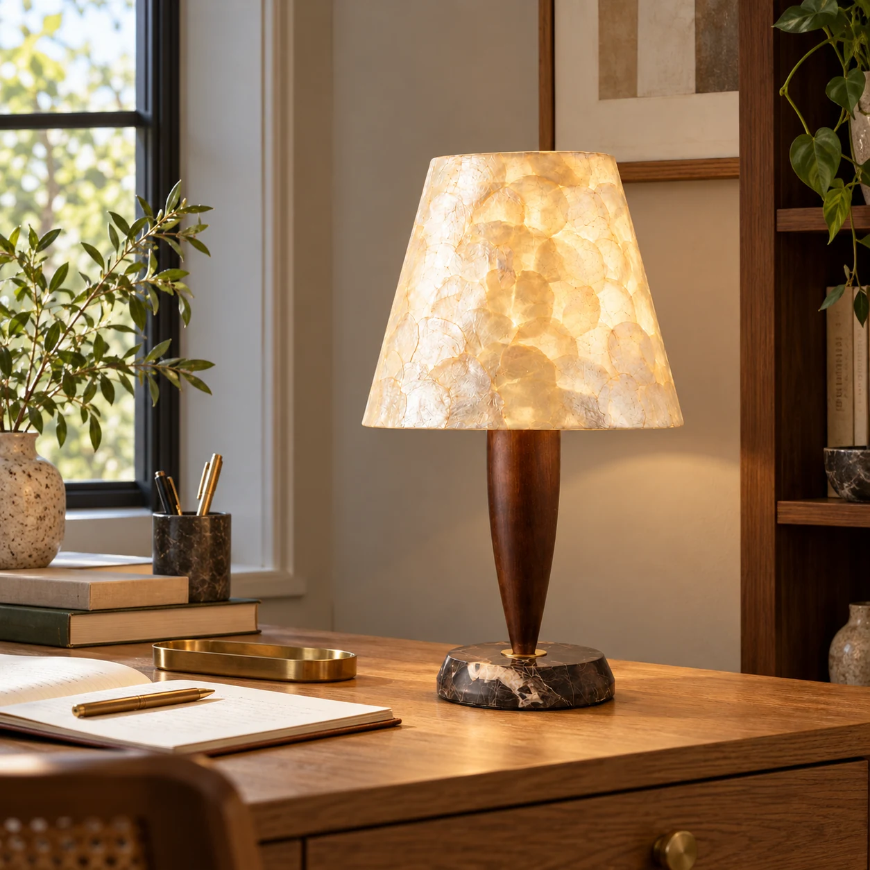 Vintage Textured Shell and Solid-Wood Table Lamp on a study desk