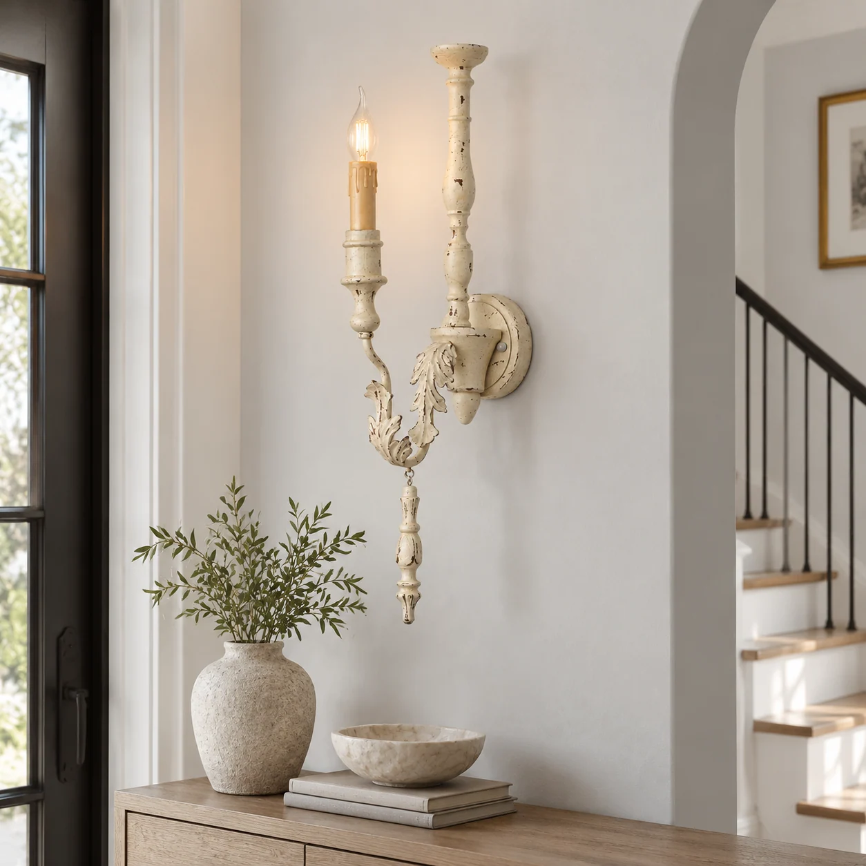 Clara Vintage Carved Wood Wall Sconce — scene
