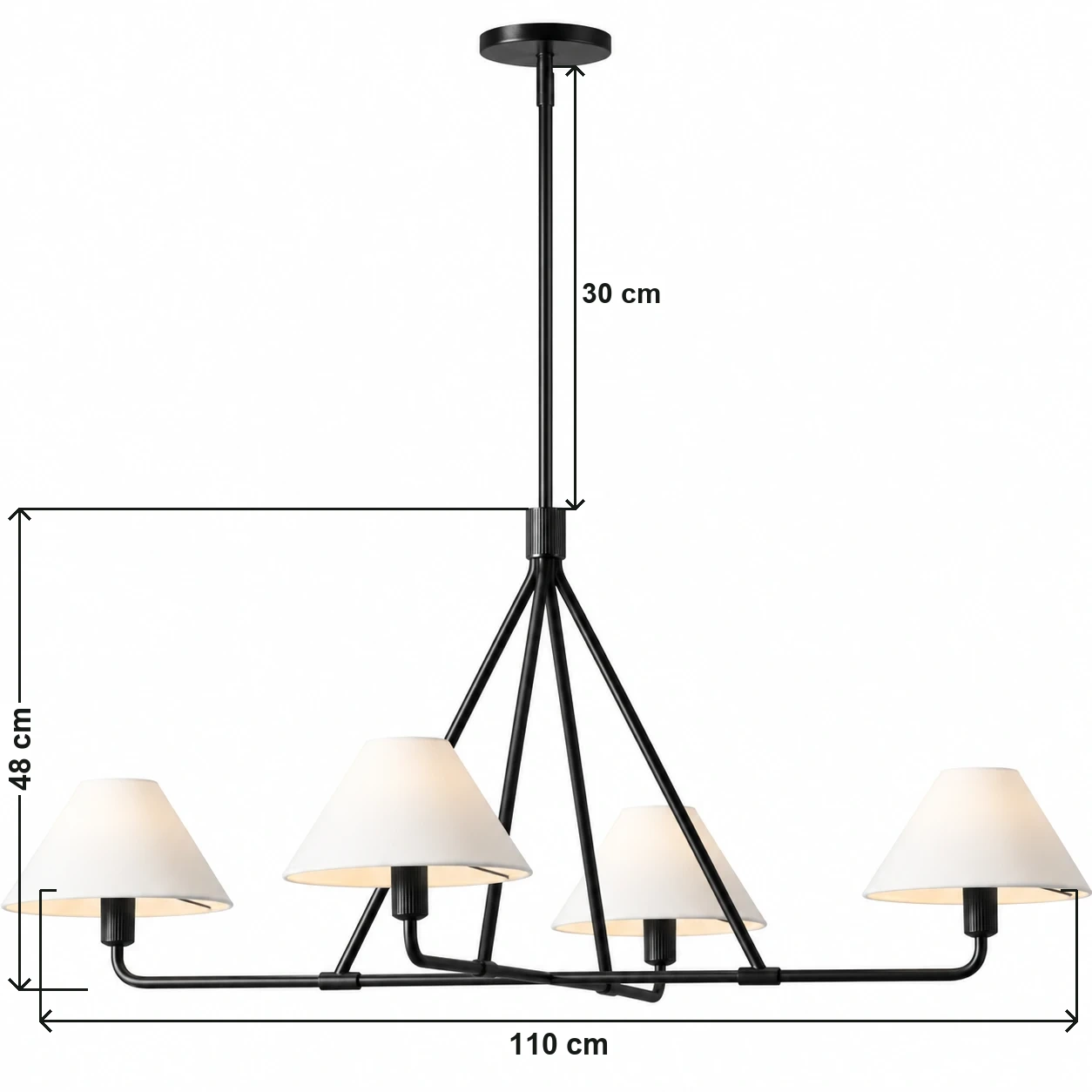 4-Light chandelier dimensions: 110 cm overall width, 48 cm fixture height, 30 cm downrod