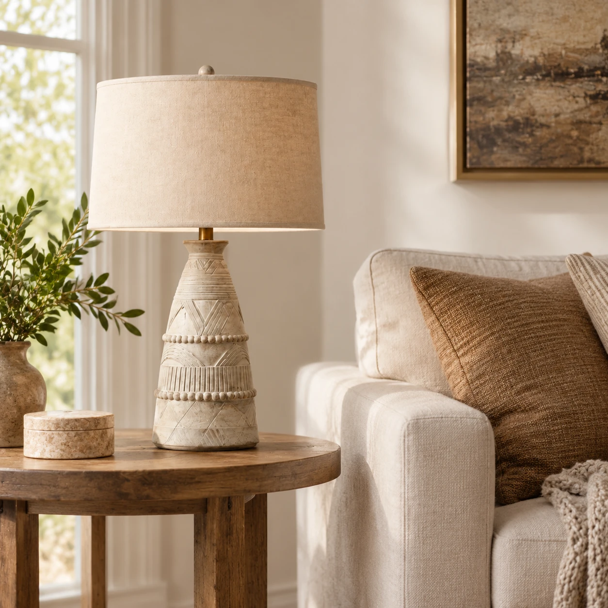 Camille Rustic Carved Wood Table Lamp in a residential interior