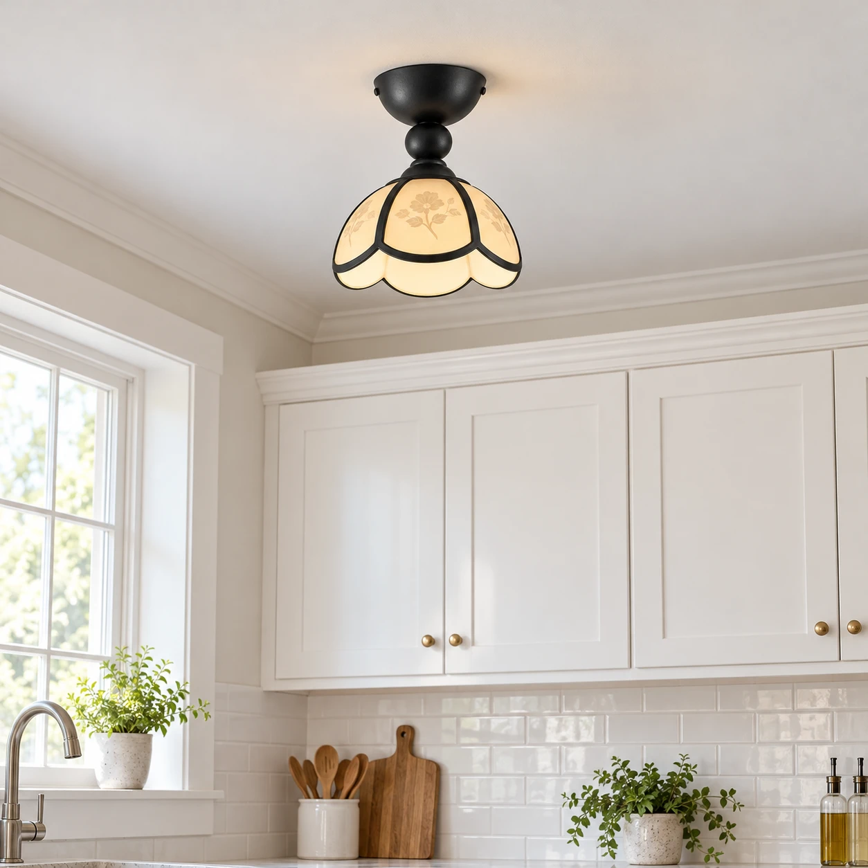 Vintage petal acrylic flush mount ceiling light in a kitchen pass