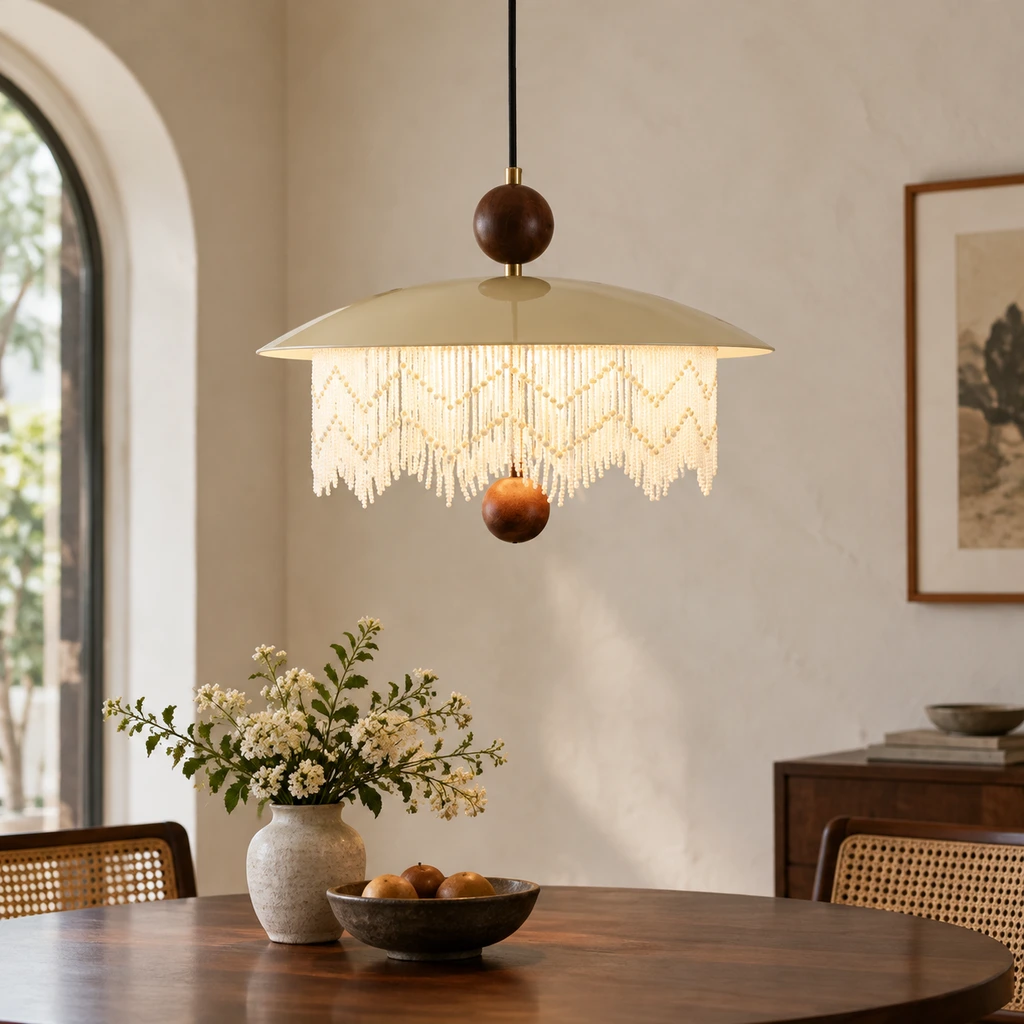 Bianca fringed wood pendant light over a dining table
