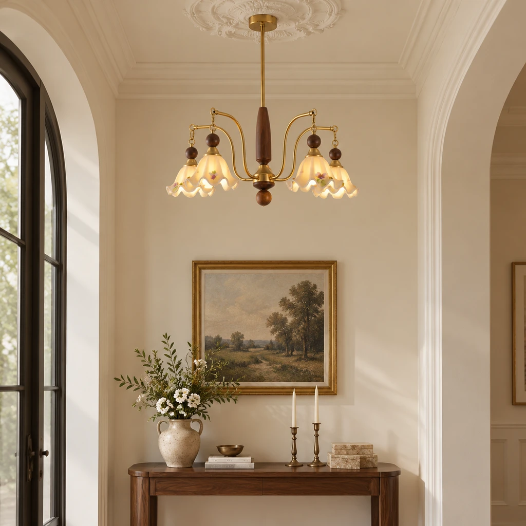 Camille chandelier above an entry console
