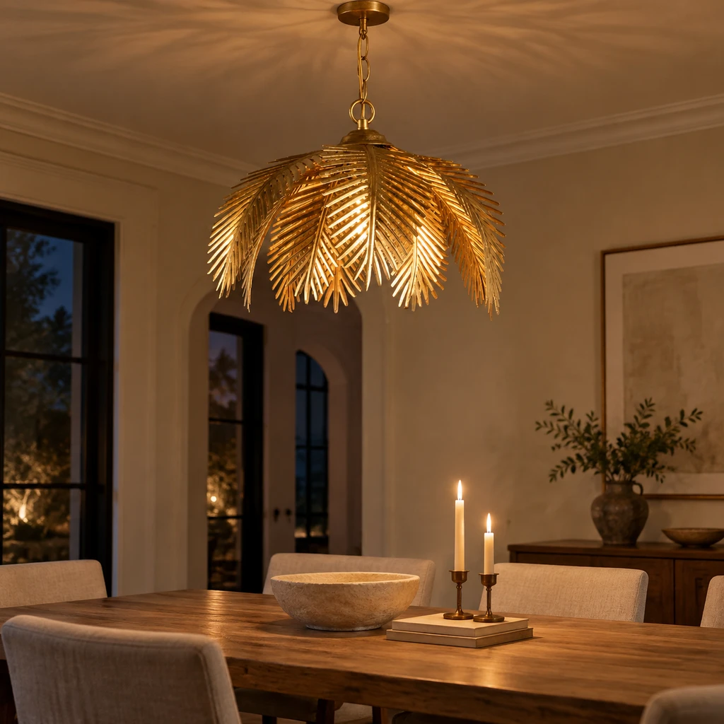 Mila European Vintage Leaf-Branch Iron Chandelier, Gold - Single Light, evening room setting