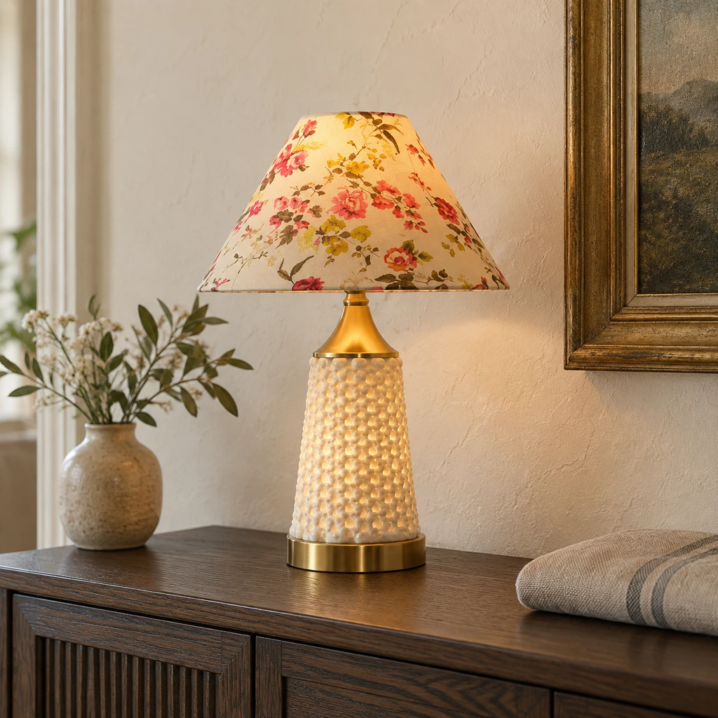 Clara table lamp in a boutique guest-room vignette