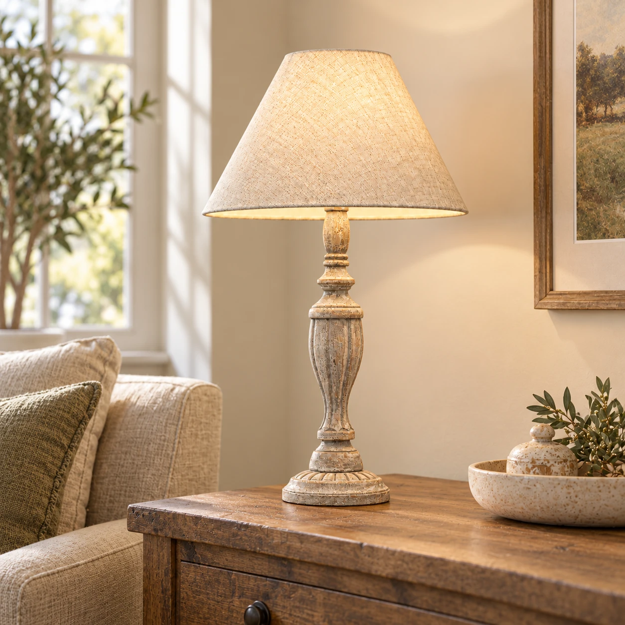 Hayes wood table lamp on a living room console