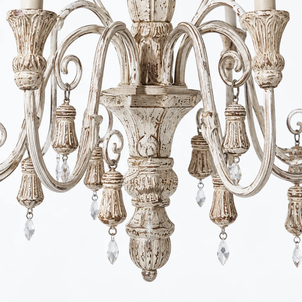 Close detail of the lower carved finial and crystal drops