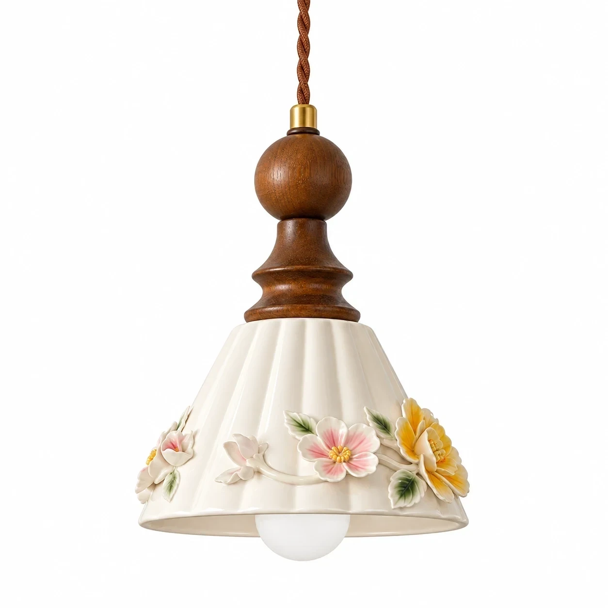 Vintage Floral Ceramic and Wood Pendant Light on a clean white background