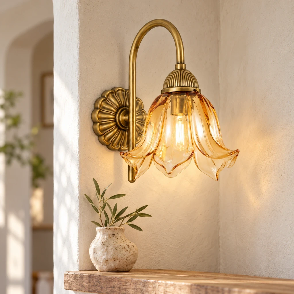 Wushlp Vintage Amber-Petal Glass Wall Light in a bright hallway