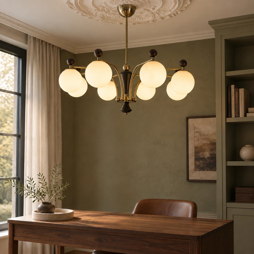 Julian chandelier above a compact study