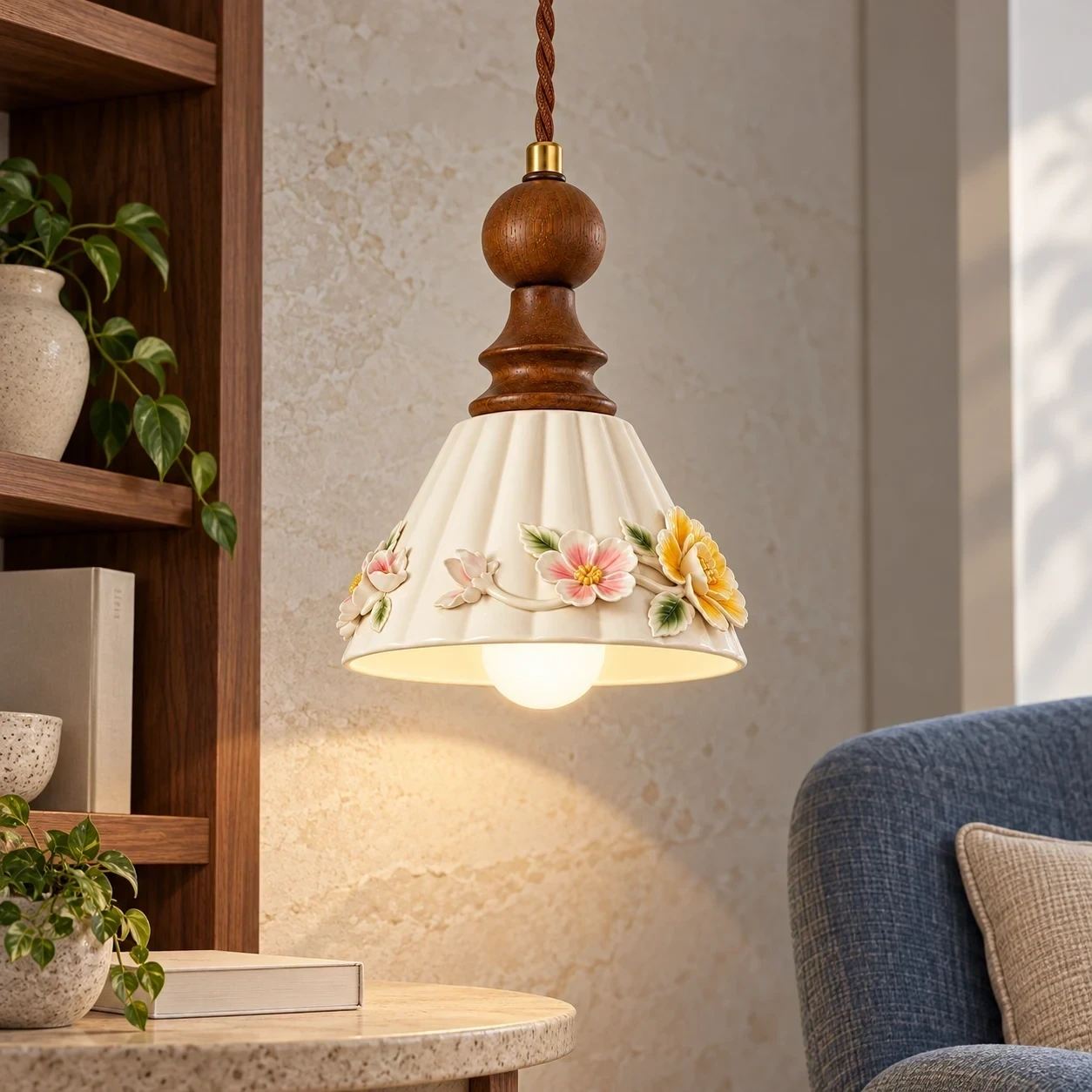 Vintage Floral Ceramic and Wood Pendant Light in a bright kitchen