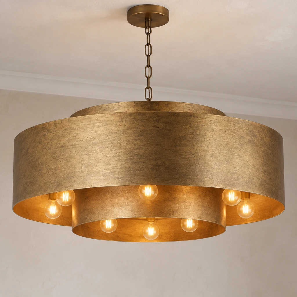 Isla layered antique-gold pendant illuminated against pale mineral plaster