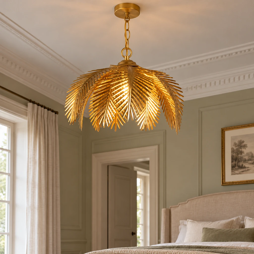 Mila European Vintage Leaf-Branch Iron Chandelier, Gold - Single Light, high-ceiling bedroom setting