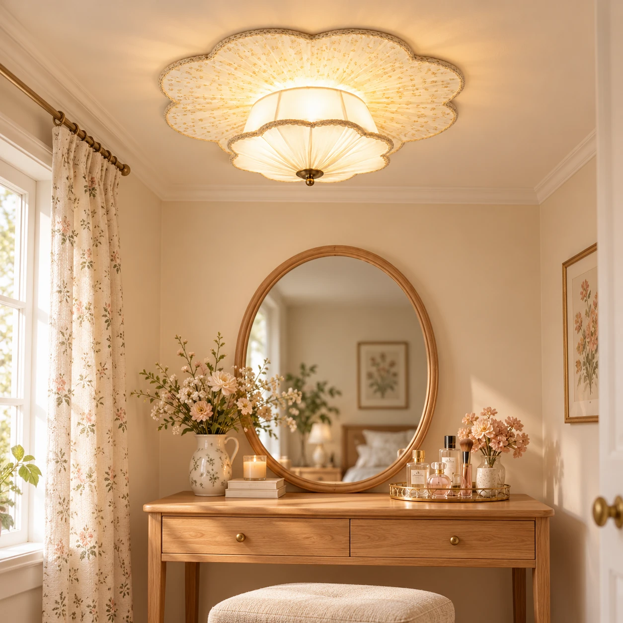 Elise floral fabric ceiling light above a cottage vanity