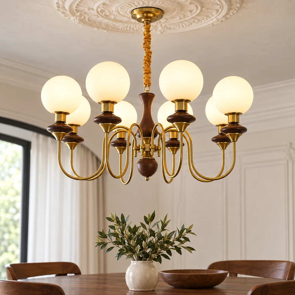 Evelyn brass chandelier with wood accents over a dining setting