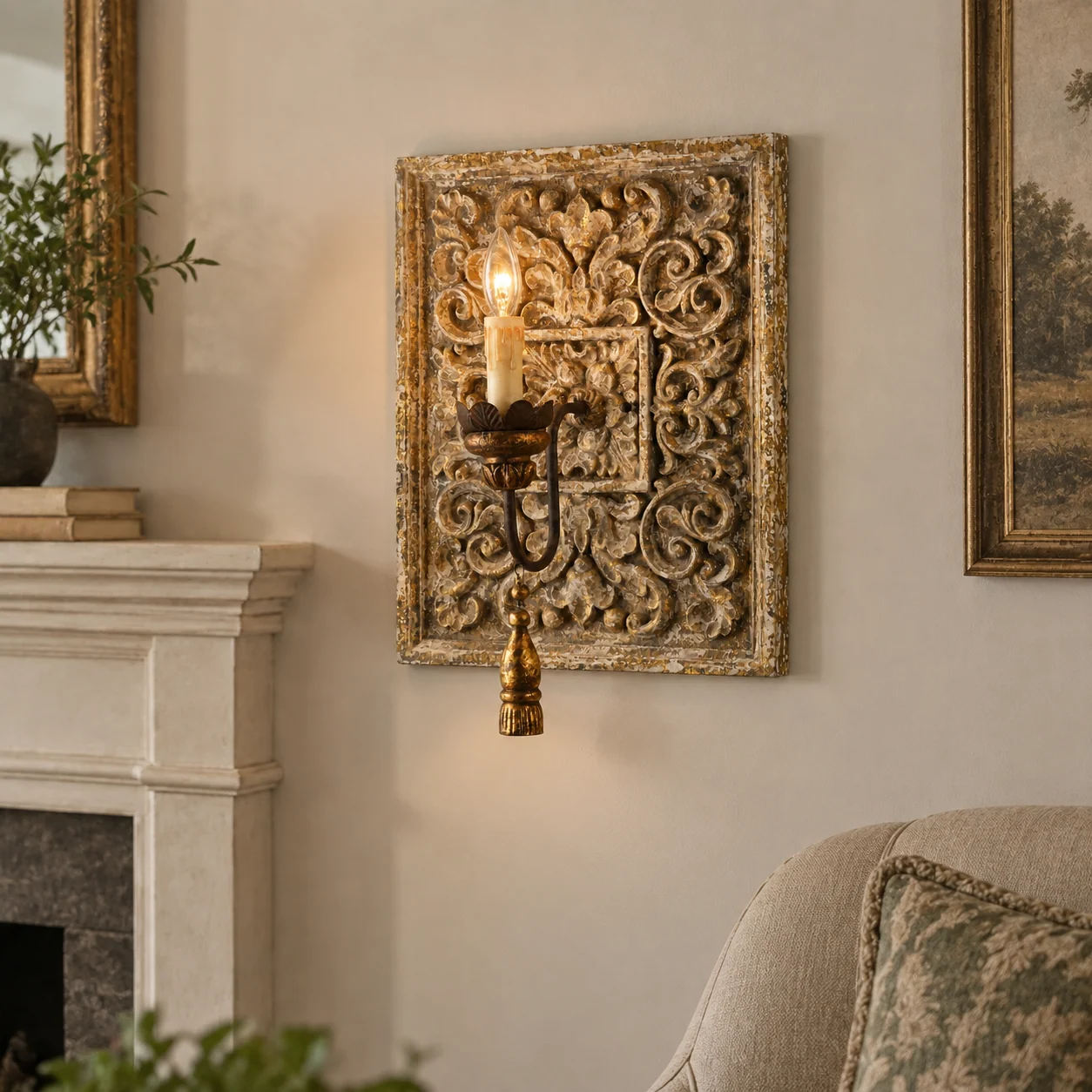 Elena Vintage Carved Wood Wall Sconce — scene