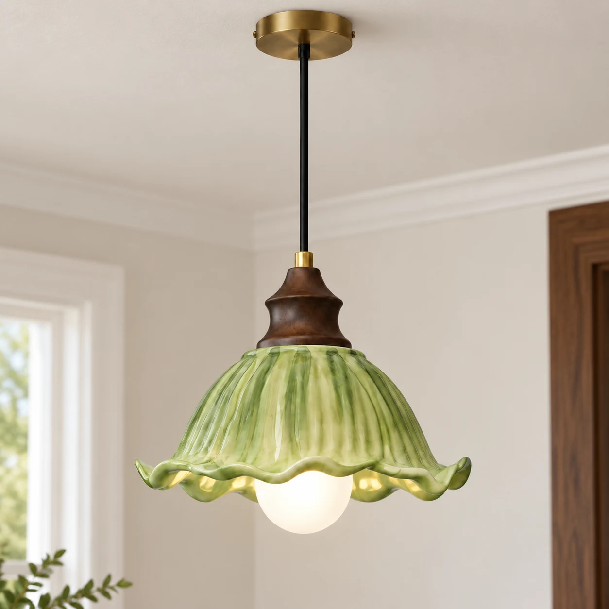 Margot single green glass pendant near view in home