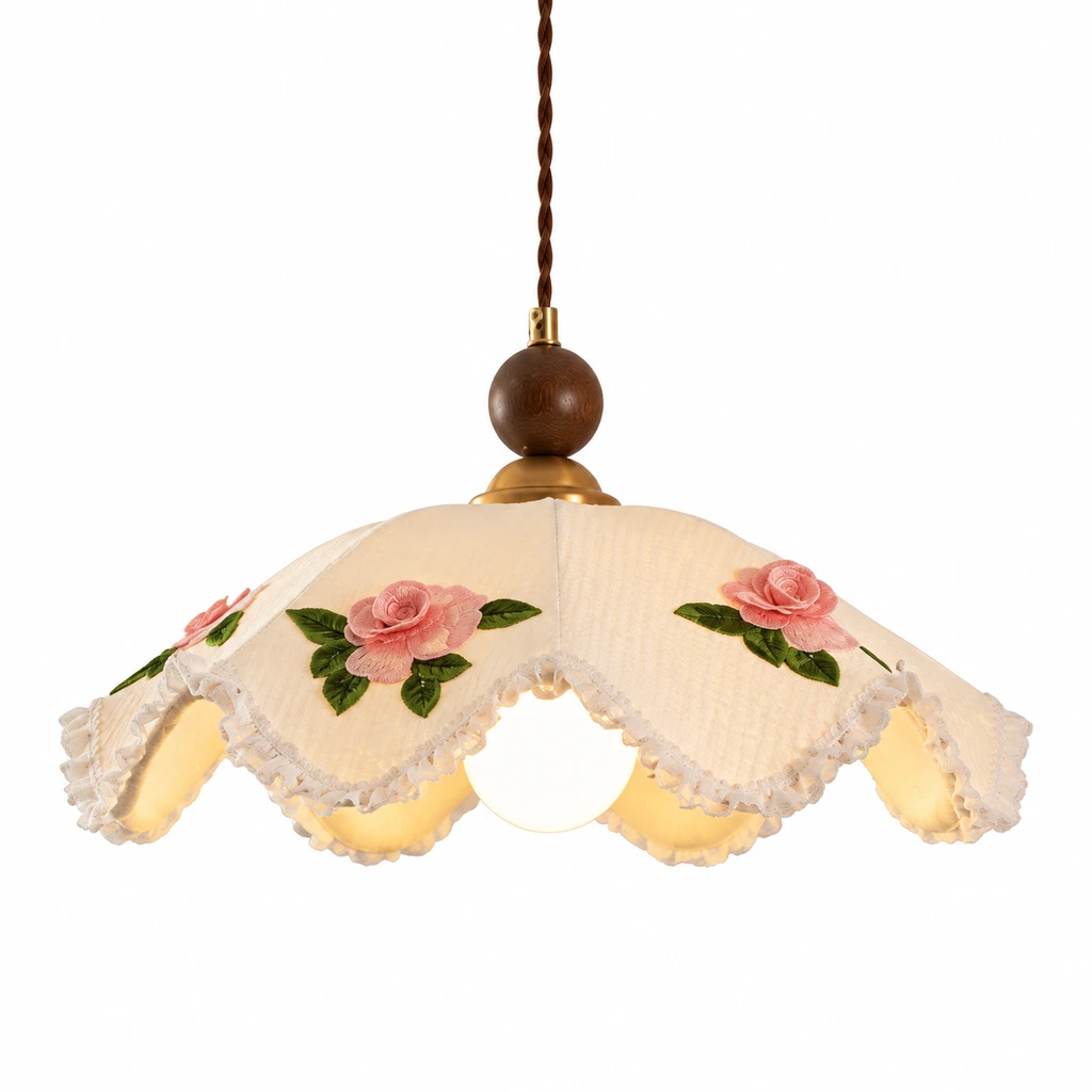 Nora embroidered fabric pendant light on white