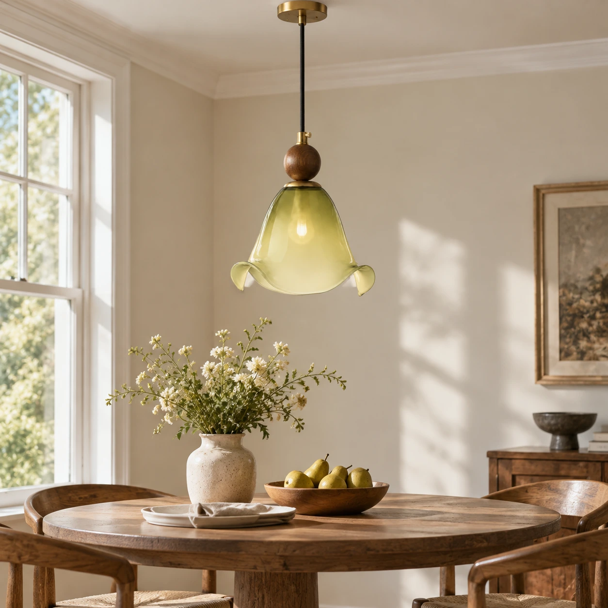 Finn Vintage Floral Walnut Wood and Metal Pendant Light - generated image 4