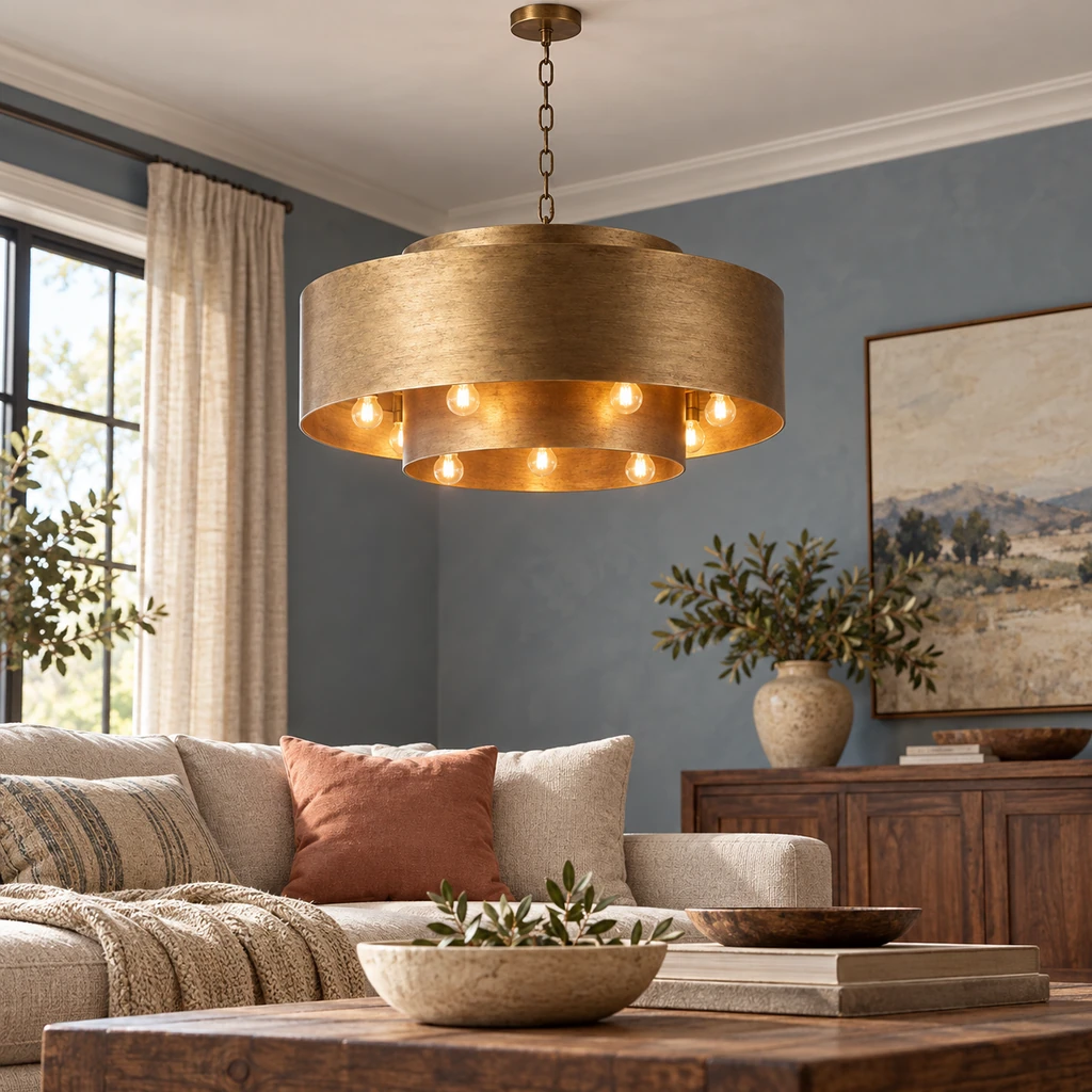 Isla antique-gold pendant in a warm living room