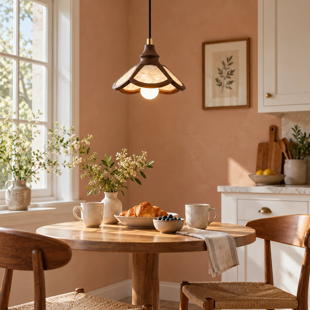 Vintage petaled shell pendant over a breakfast nook