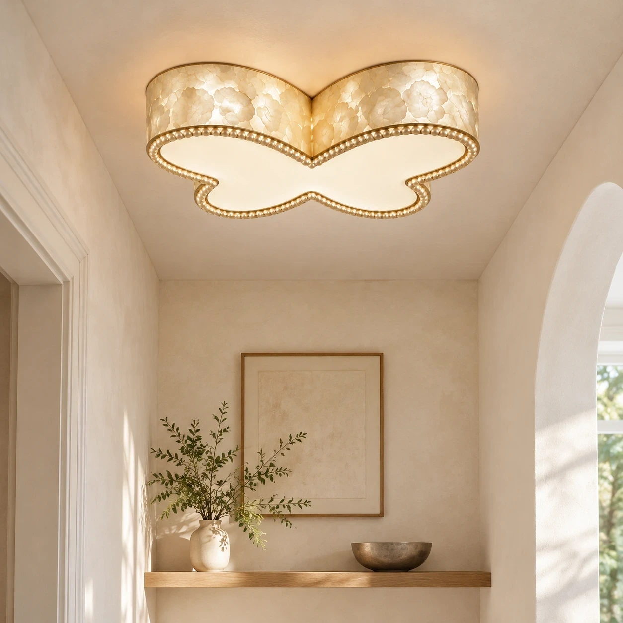Wushlp Vintage Butterfly Shell Flush Mount Ceiling Light in a bright hallway