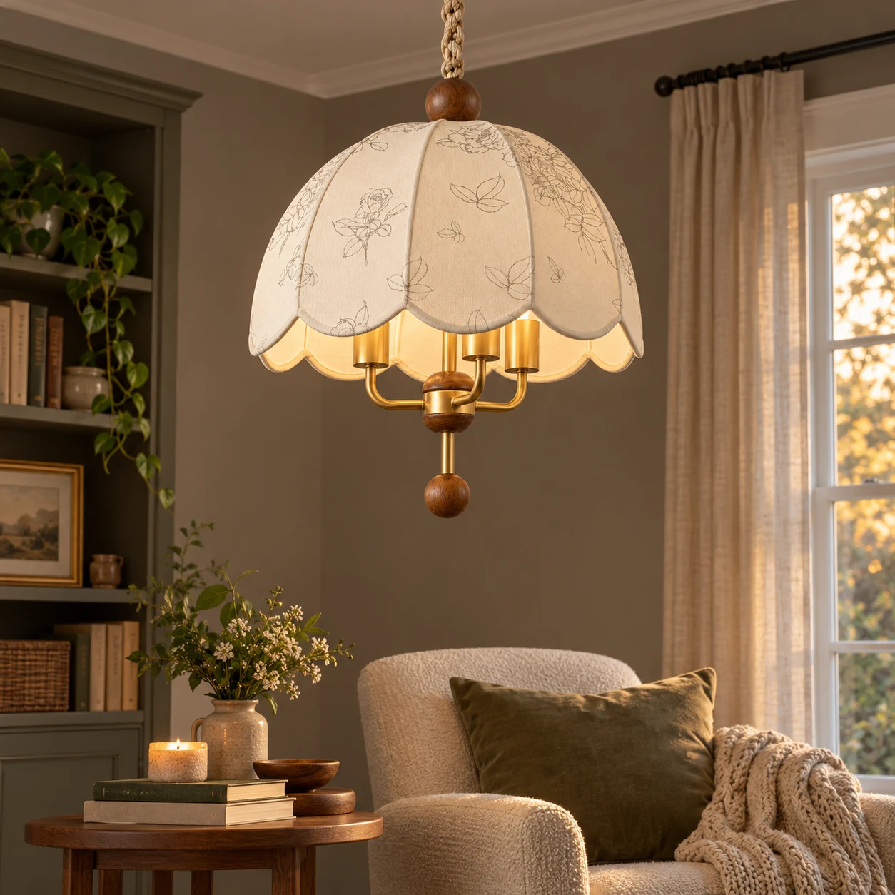 Camille chandelier in a taupe reading corner