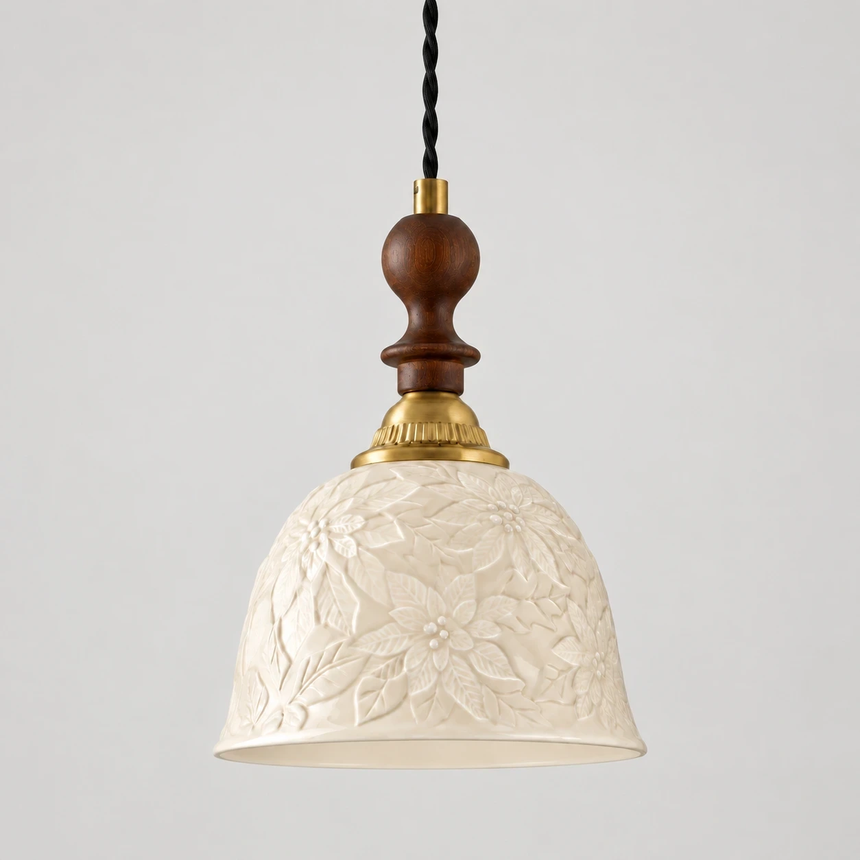 Wushlp Vintage Embossed Ceramic and Solid-Wood Pendant Light switched off in a neutral studio