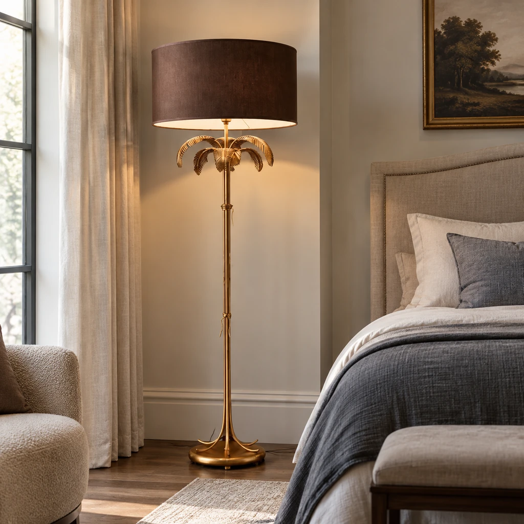 Marina floor lamp in a high-ceiling bedroom corner