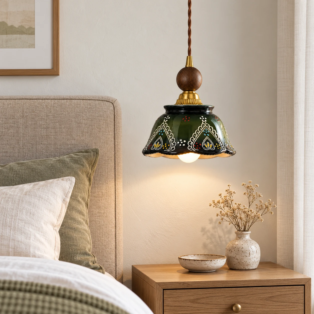 Clara pendant light above a bedroom nightstand