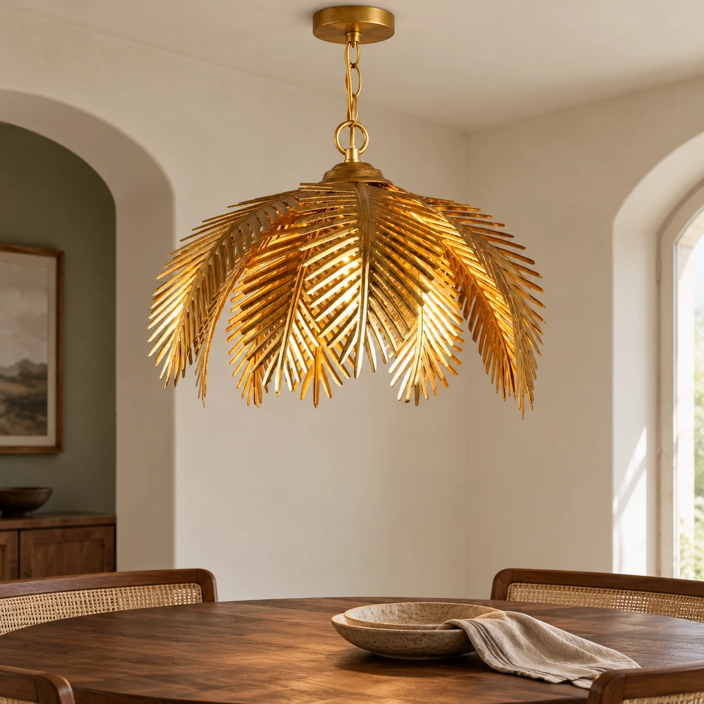 Mila European Vintage Leaf-Branch Iron Chandelier, Gold - Single Light, core product view in a restrained interior