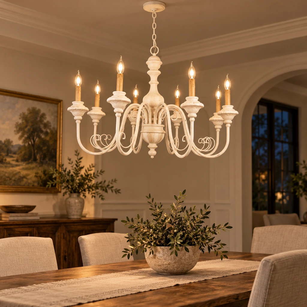 Elise American Vintage Carved Wood Chandelier, Soft White Wood, evening room setting
