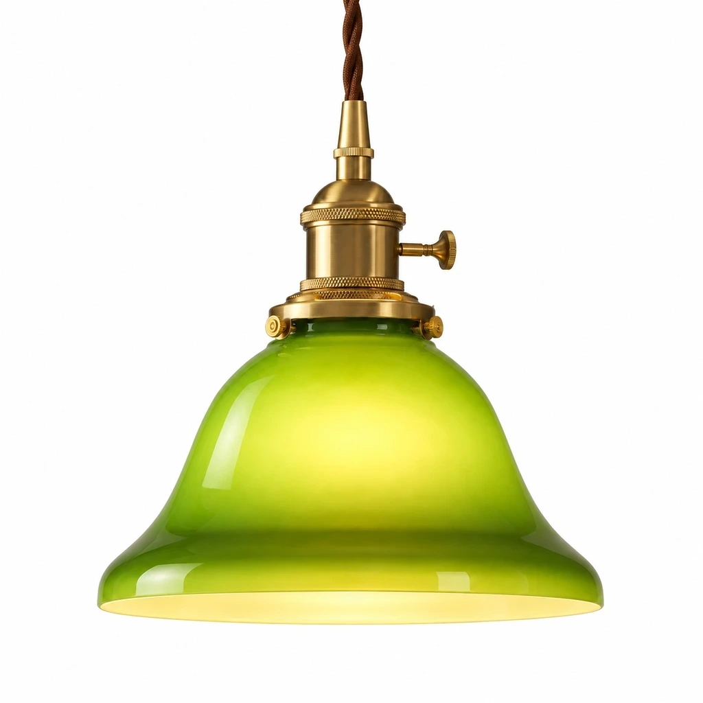 Angled close-up of bell green glass shade and brass collar