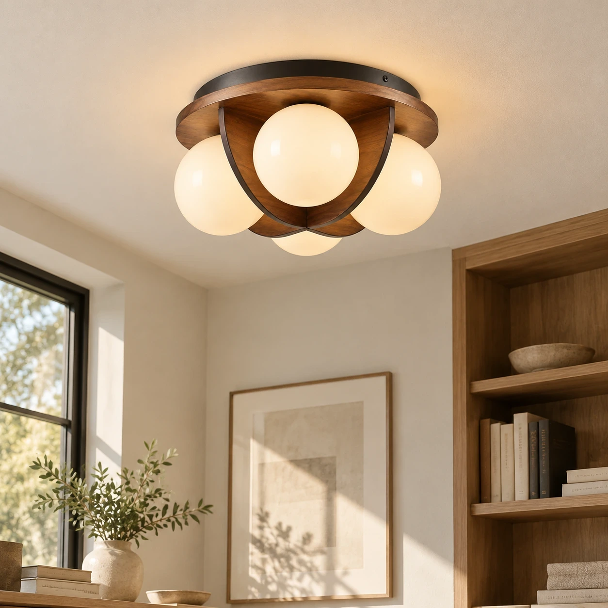 Wushlp Vintage Bean Walnut Wood and Metal Flush Mount Ceiling Light in a bright study nook