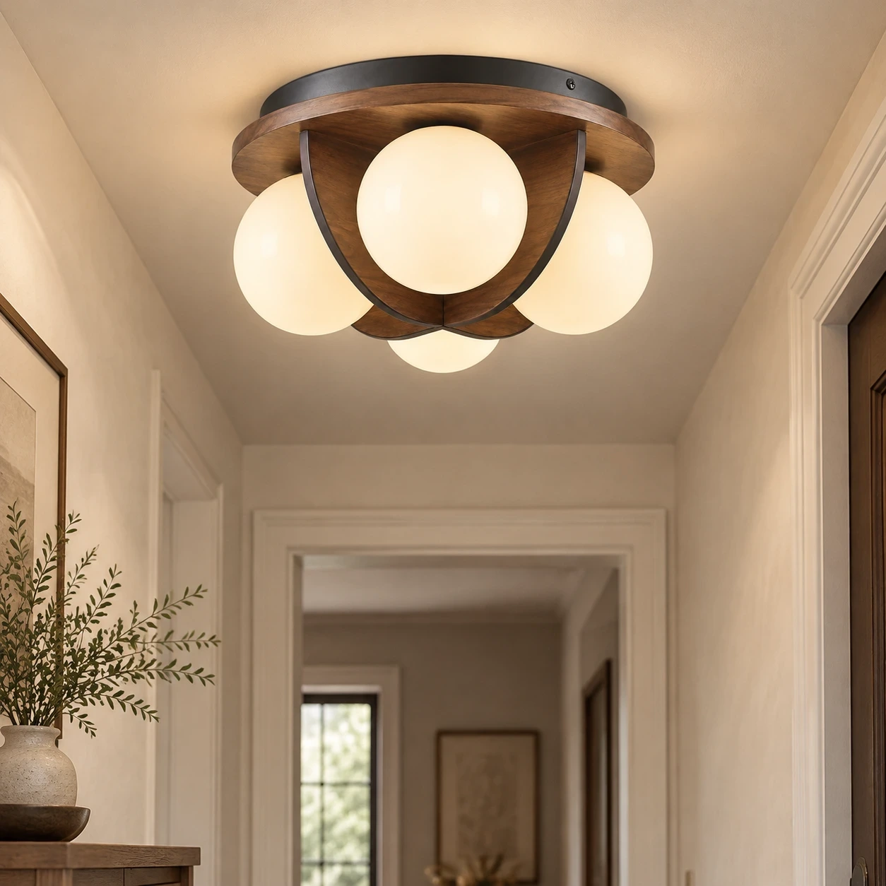 Wushlp Vintage Bean Walnut Wood and Metal Flush Mount Ceiling Light in a refined boutique hallway