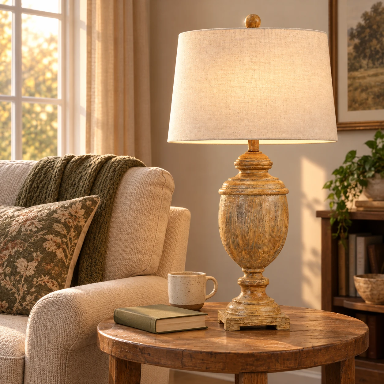 Ellis wood table lamp on a reading-nook side table