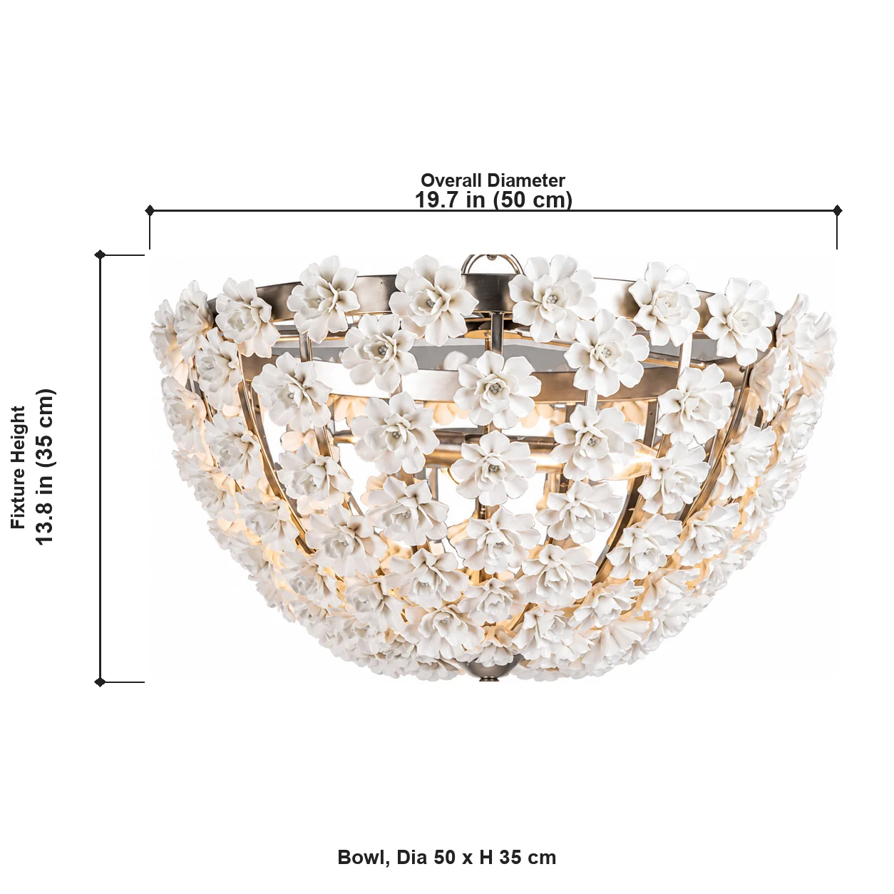 Bowl chandelier dimensions, diameter 50 cm and fixture height 35 cm