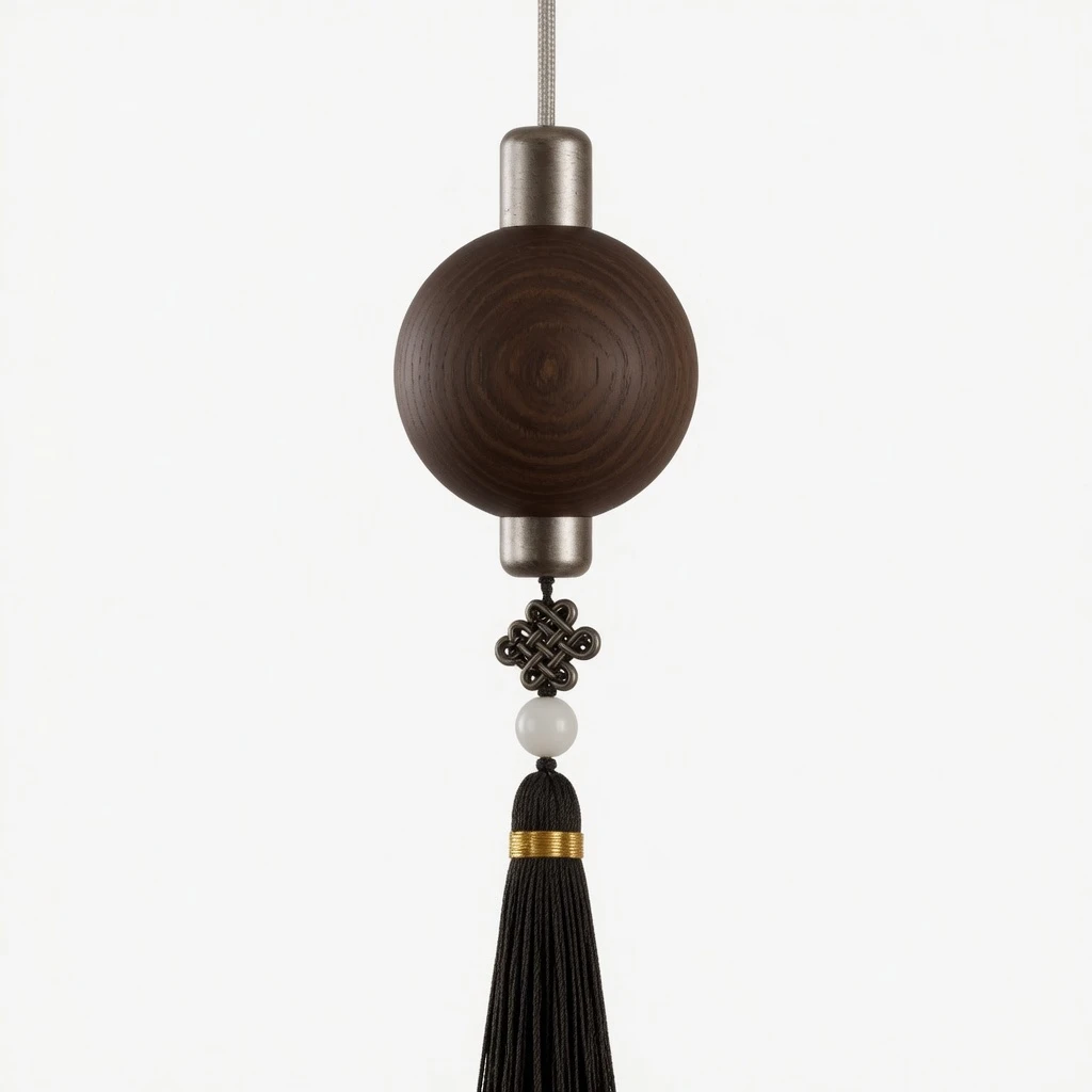 Close view of the wood sphere and tassel