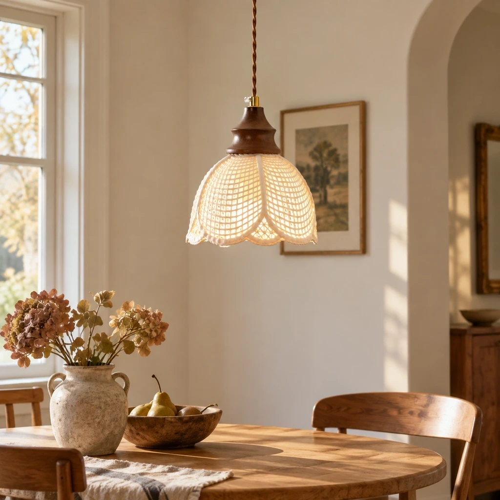 Lina Vintage Floral Ceramic Wood Pendant Light in a study or console setting