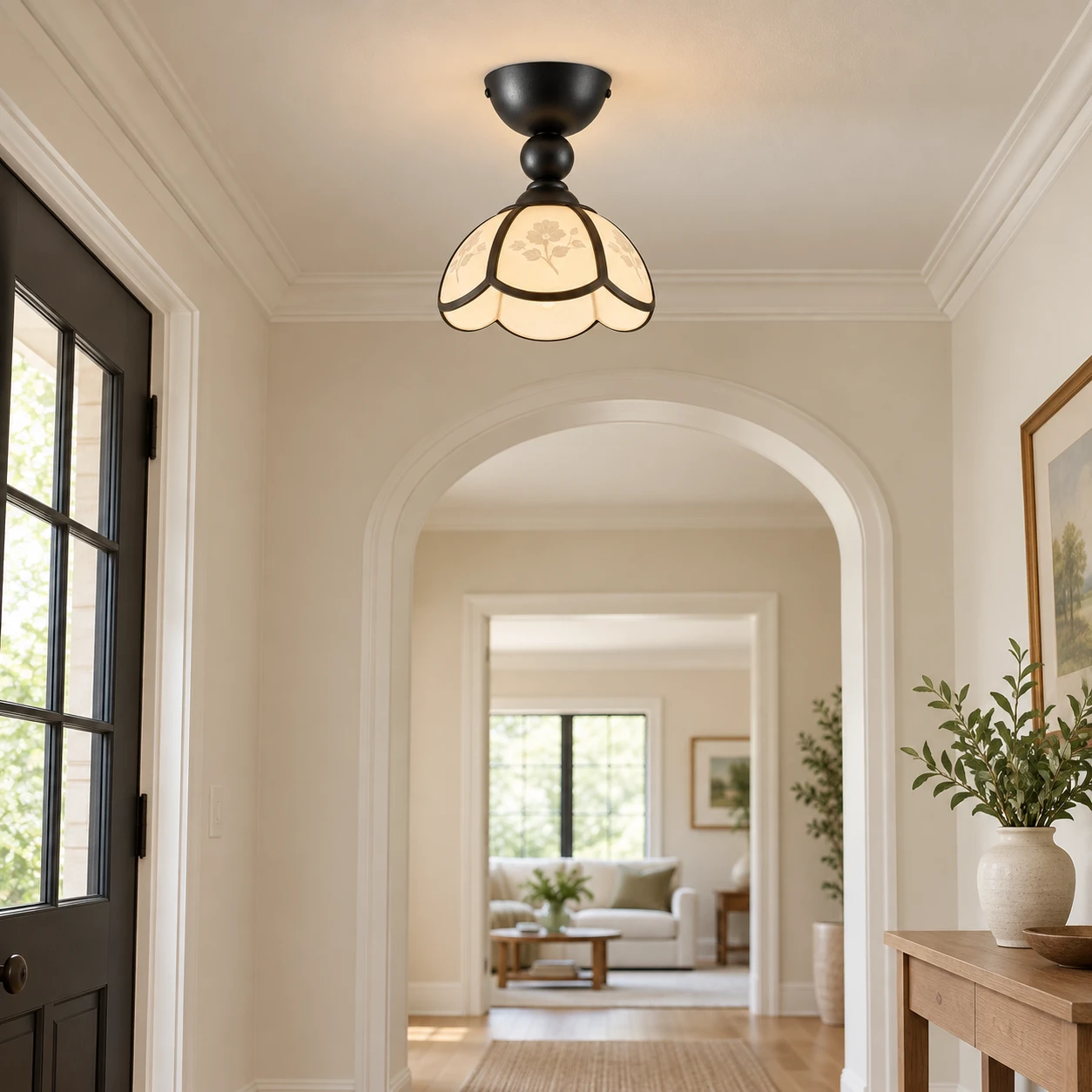 Vintage petal acrylic flush mount ceiling light in a foyer arch