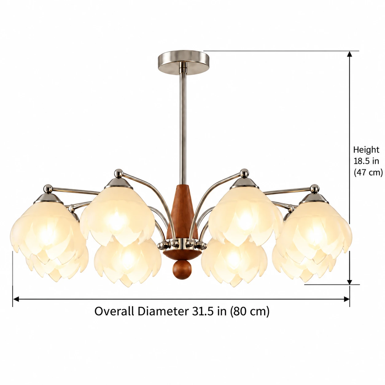Dimension diagram for 8-light overall diameter 31.5 in / 80 cm, height 18.5 in / 47 cm