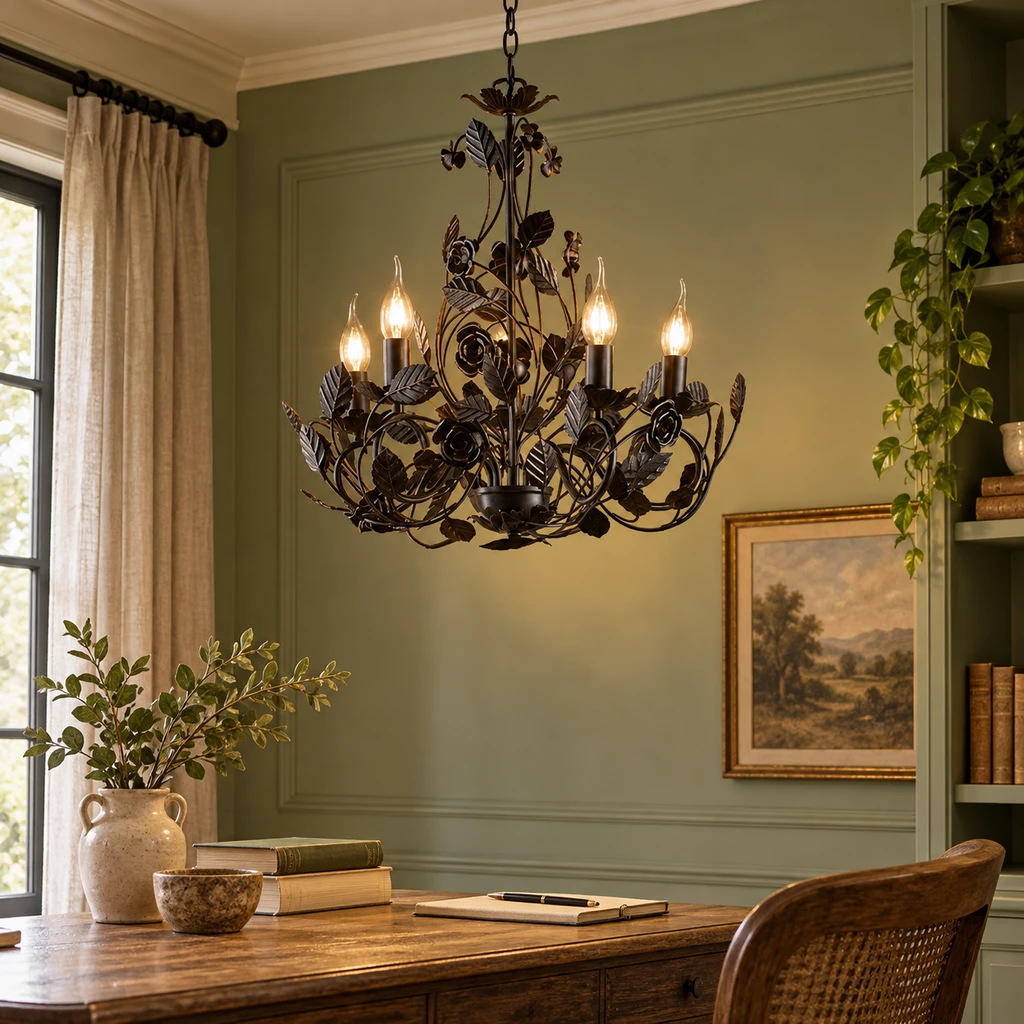 Cleo leaf chandelier in a muted sage study nook