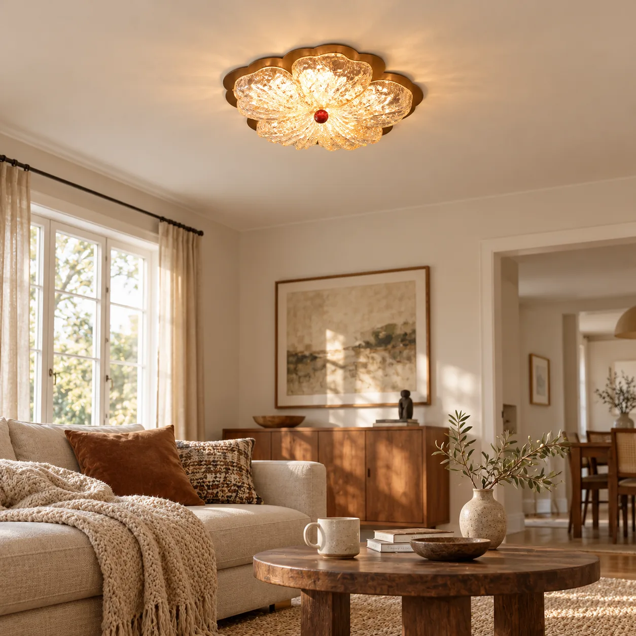 Coffee floral flush mount in a living room