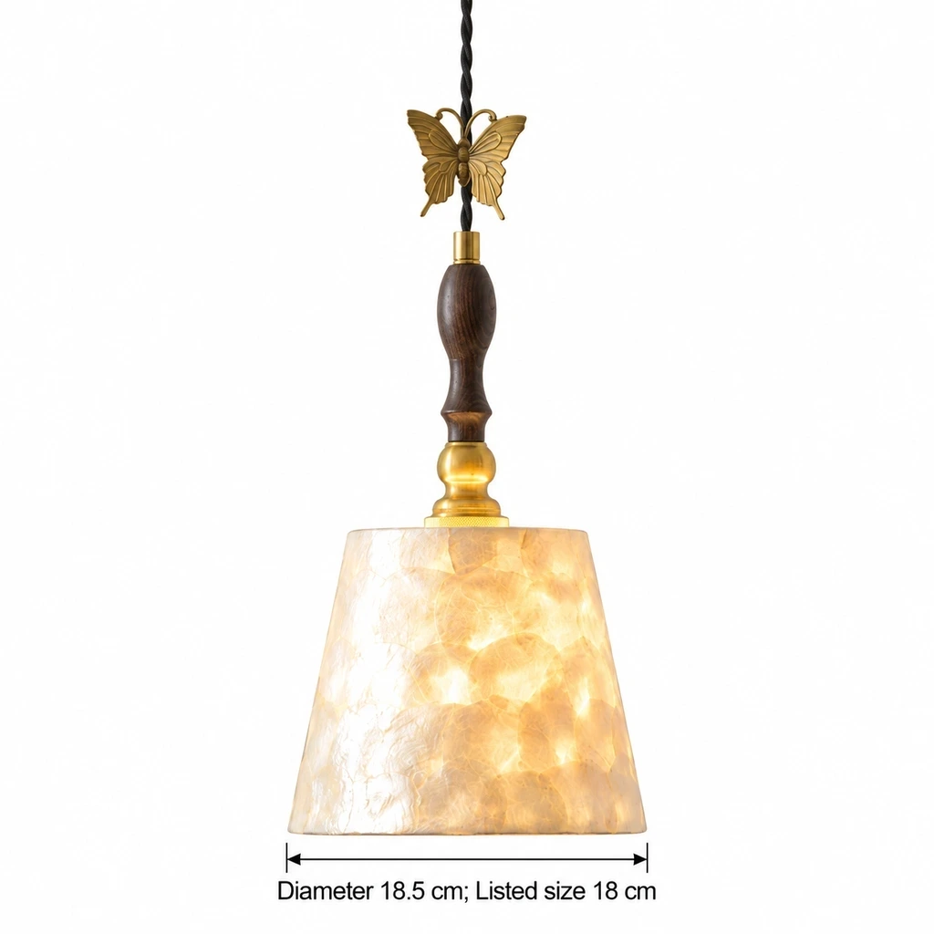 Elena Vintage Butterfly Shell Wood Pendant Light verified dimensions