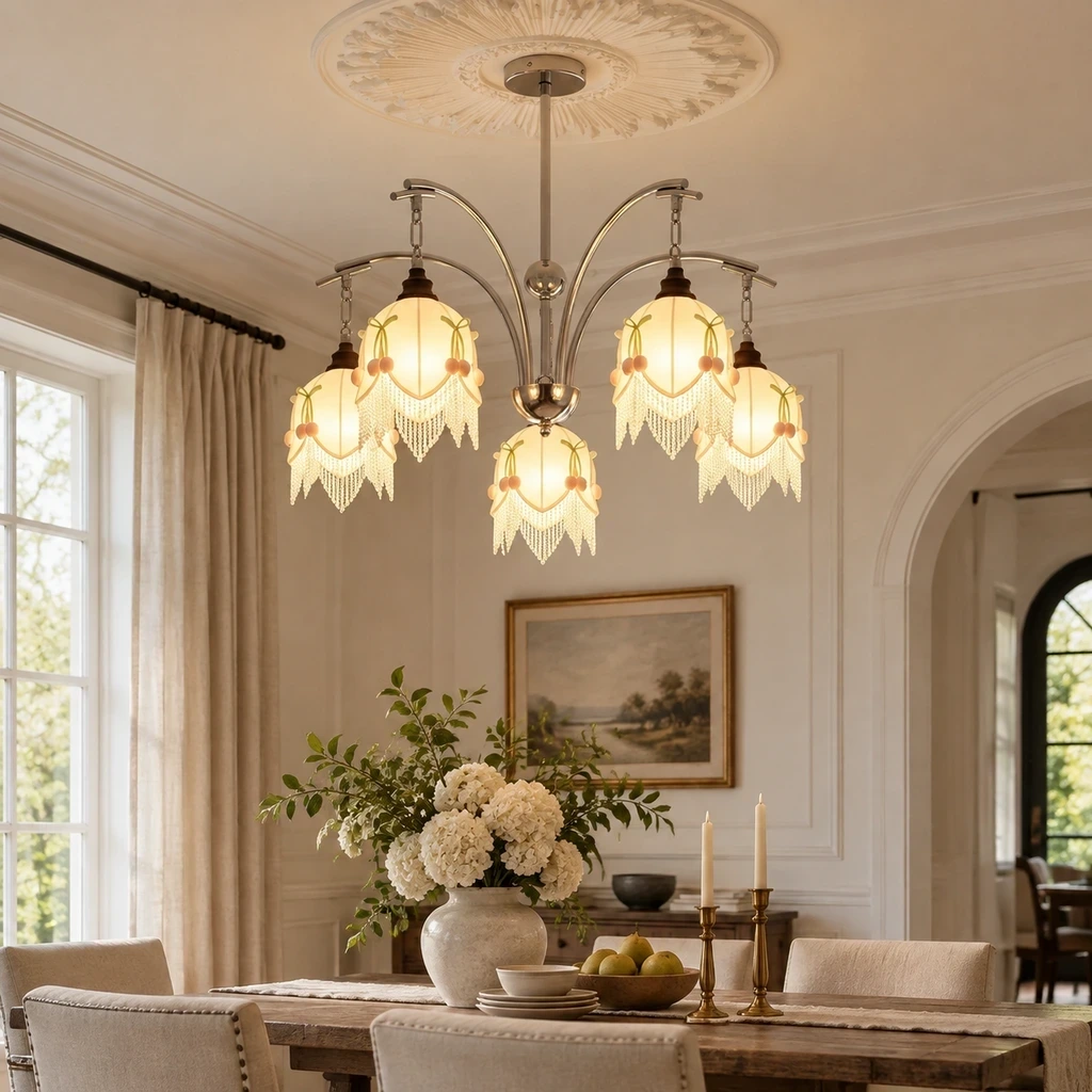 Lucia branching floral fabric chandelier in a dining setting