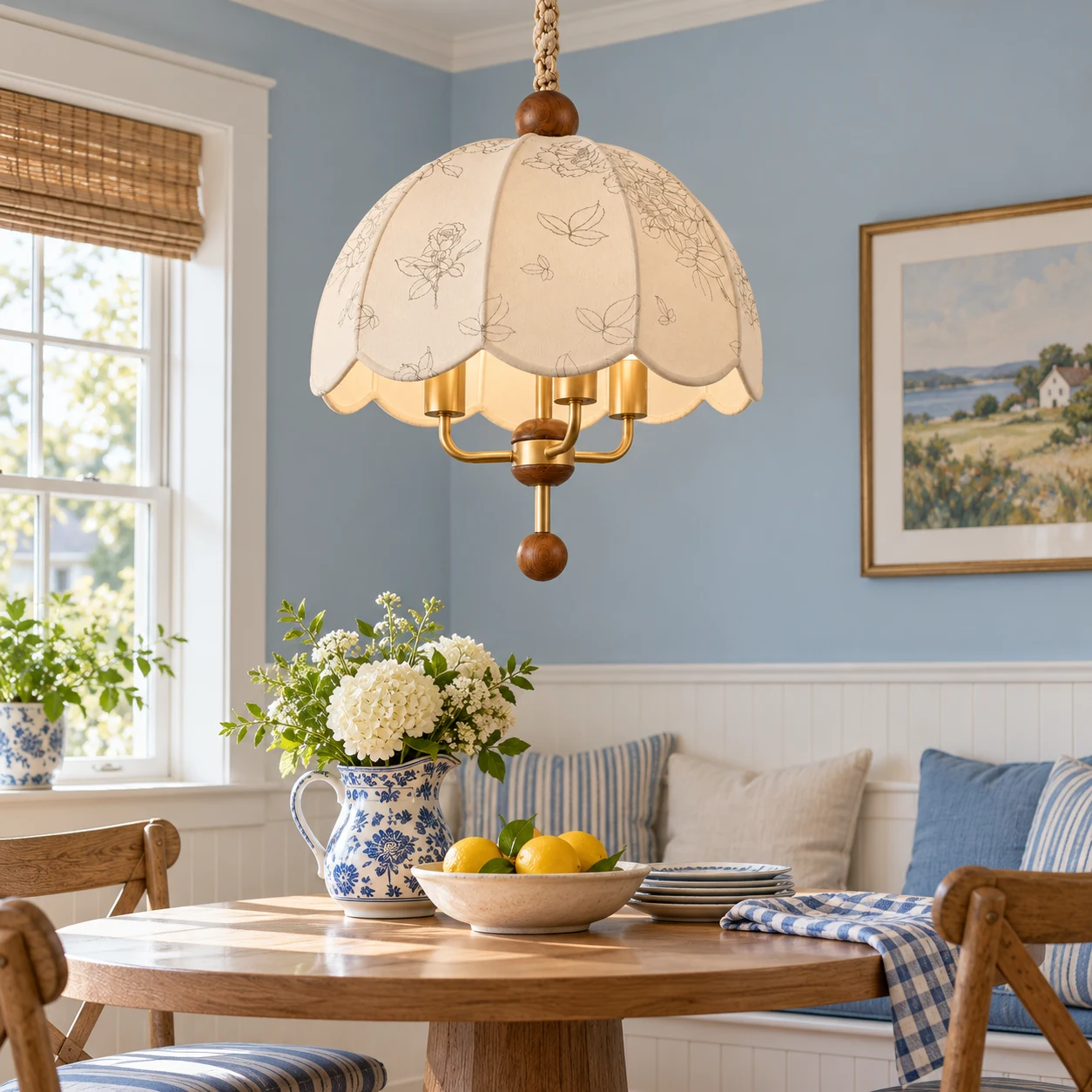Camille chandelier above a powder-blue breakfast nook